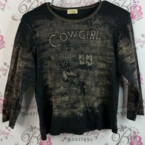 Cactus cowgirl rodeo top shirt rhinestone crystal Black Cowgirl Long Sleeve Tee